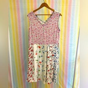 Marisol pink and white multi floral patchwork midi dress with tie back, size M